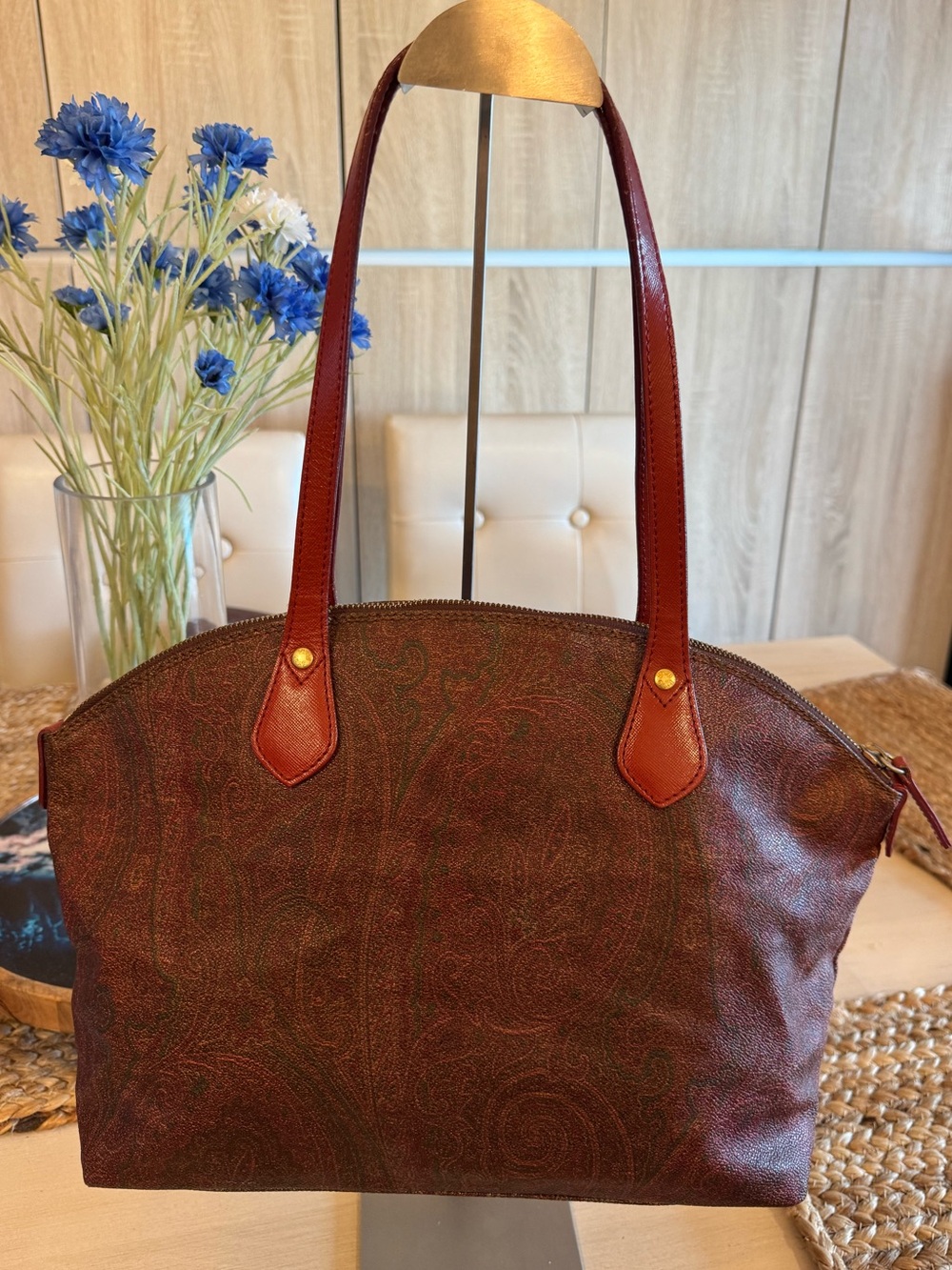 Etro Milano Vintage Paisley Leather Trim Dome Tote Shoulder Bag — Made in Italy
